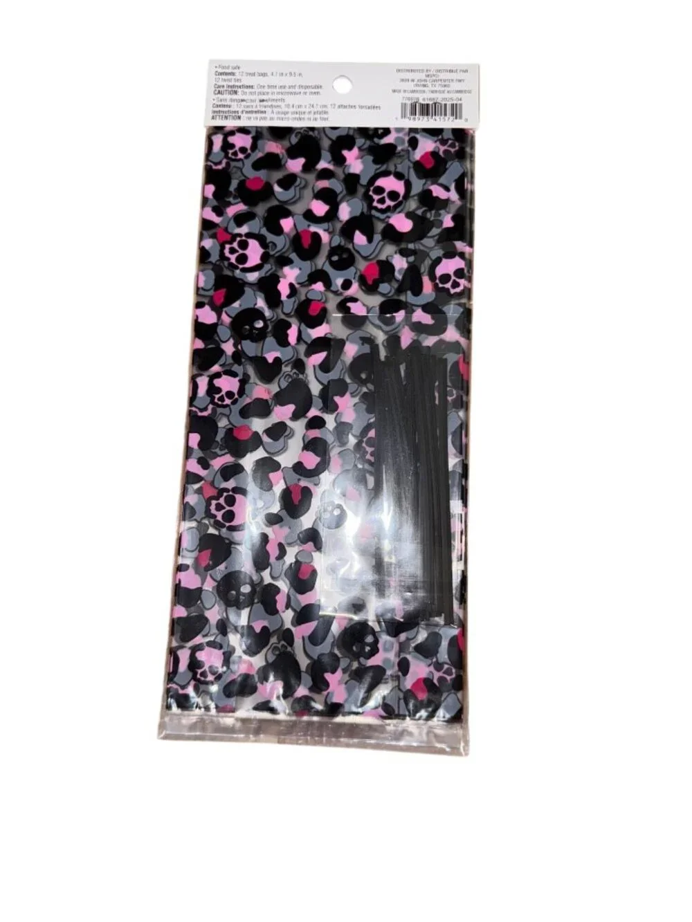 12-Pack Pink & Black Skull & Leopard Print Party Favor Bags With Ties 4